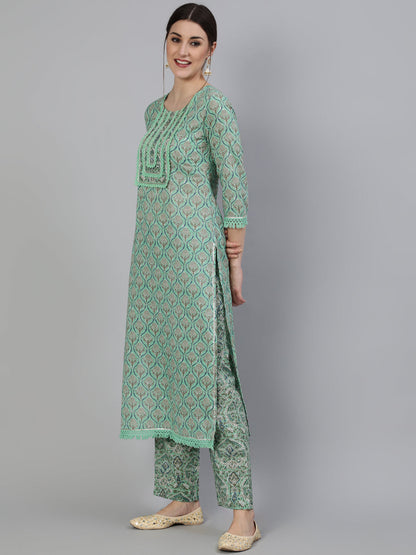 Printed Round Neck Calf Length 3/4 Sleeve Cotton Straight Kurta, Pant & Chiffon Dupatta Set