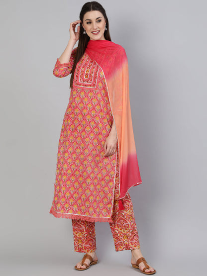 Printed Round Neck Calf Length 3/4 Sleeve Cotton Straight Kurta, Pant & Chiffon Dupatta Set