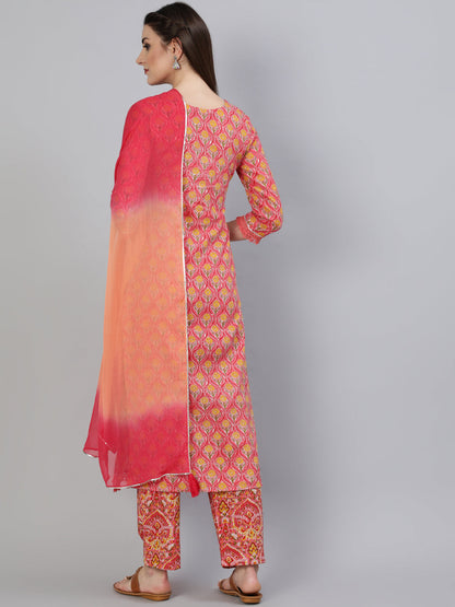 Printed Round Neck Calf Length 3/4 Sleeve Cotton Straight Kurta, Pant & Chiffon Dupatta Set