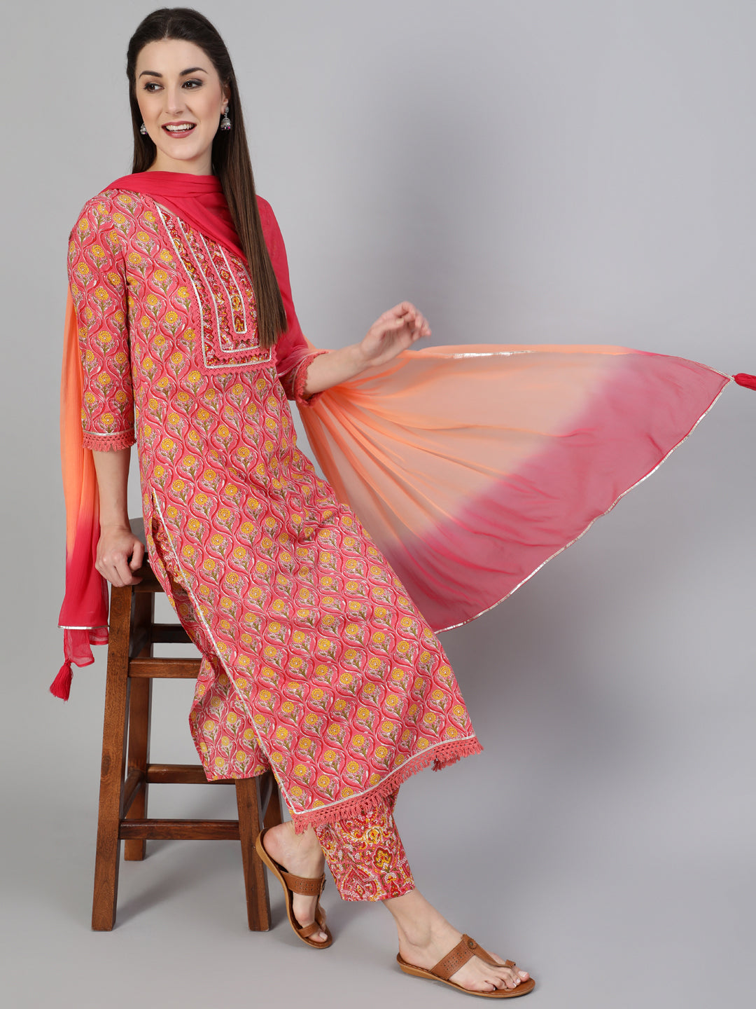 Printed Round Neck Calf Length 3/4 Sleeve Cotton Straight Kurta, Pant & Chiffon Dupatta Set