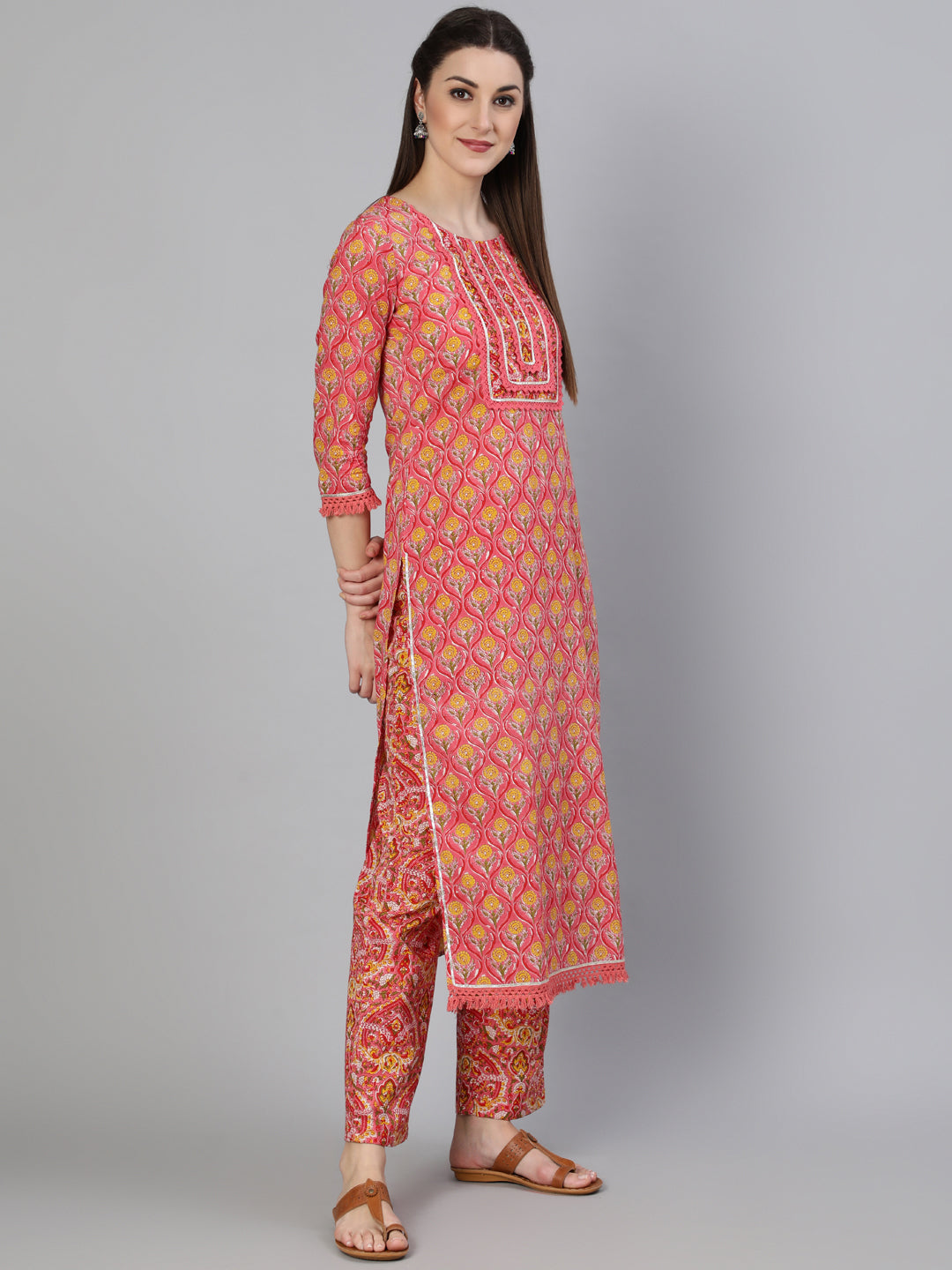 Printed Round Neck Calf Length 3/4 Sleeve Cotton Straight Kurta, Pant & Chiffon Dupatta Set