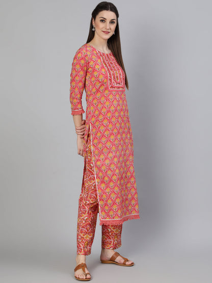 Printed Round Neck Calf Length 3/4 Sleeve Cotton Straight Kurta, Pant & Chiffon Dupatta Set