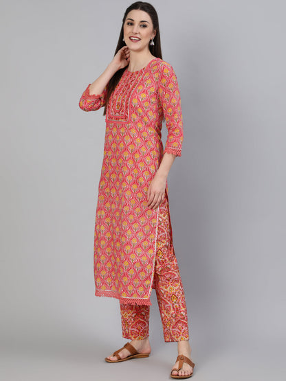 Printed Round Neck Calf Length 3/4 Sleeve Cotton Straight Kurta, Pant & Chiffon Dupatta Set