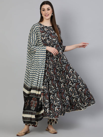 Printed Round Neck Ankle Length 3/4 Sleeve Cotton Flared Kurta, Pant & Malmal Dupatta Set