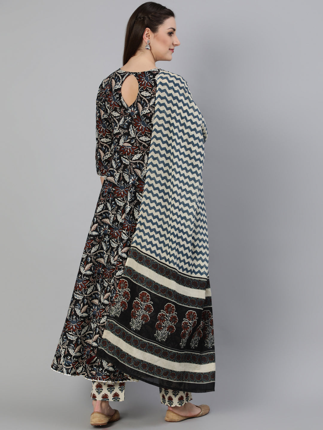 Printed Round Neck Ankle Length 3/4 Sleeve Cotton Flared Kurta, Pant & Malmal Dupatta Set