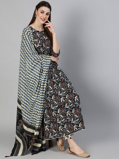 Printed Round Neck Ankle Length 3/4 Sleeve Cotton Flared Kurta, Pant & Malmal Dupatta Set
