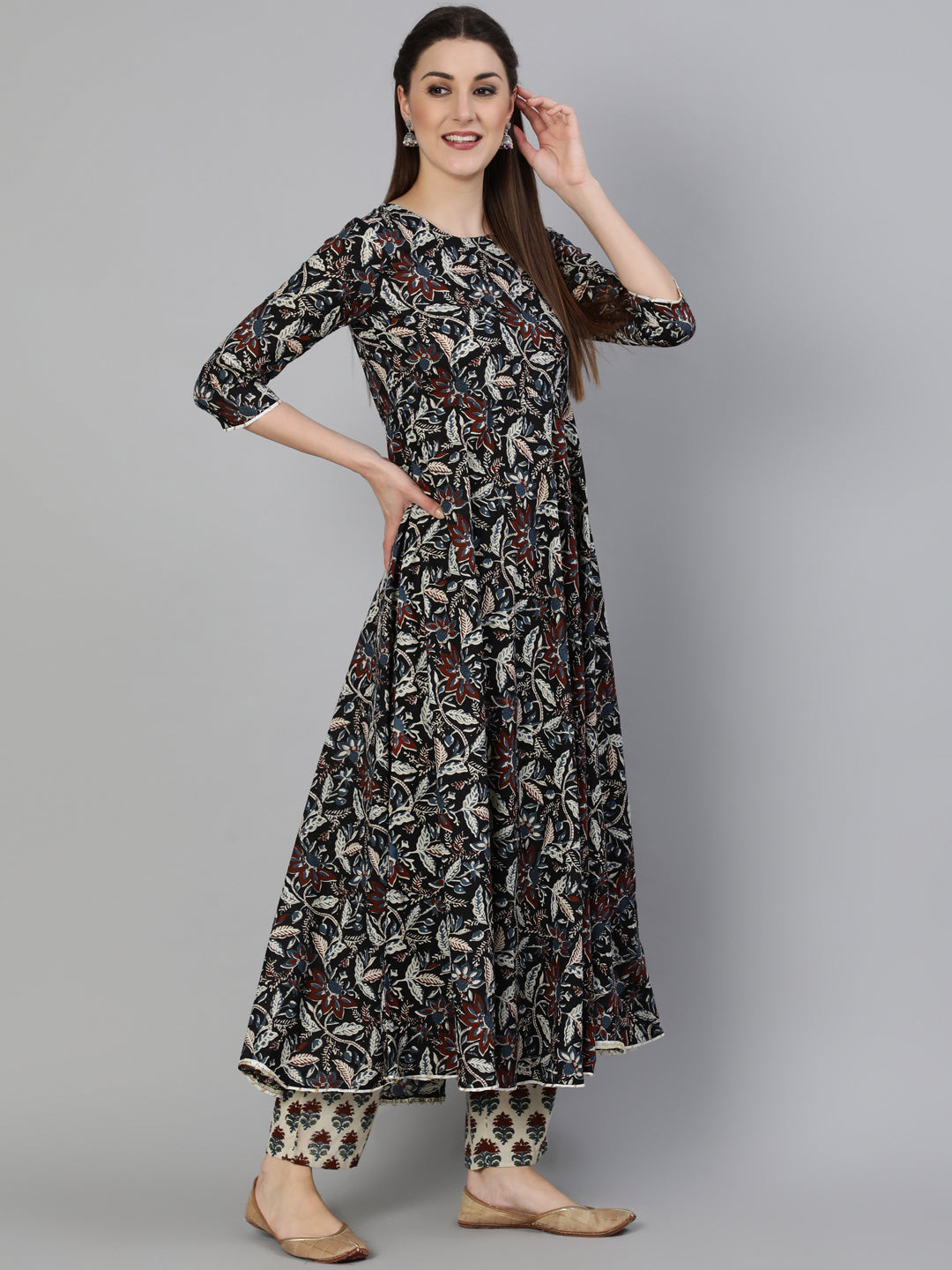 Printed Round Neck Ankle Length 3/4 Sleeve Cotton Flared Kurta, Pant & Malmal Dupatta Set