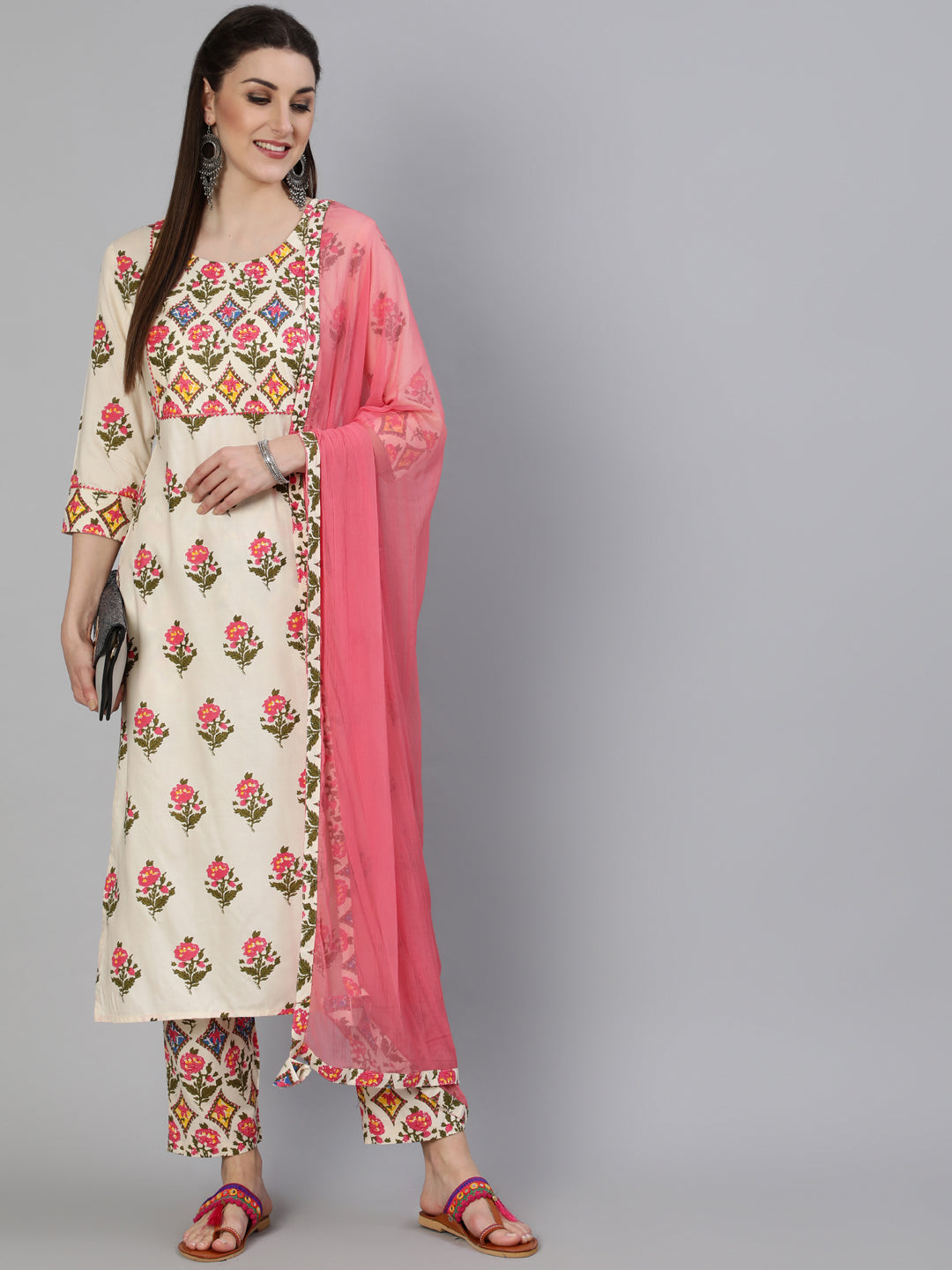 Printed Round Neck Calf Length 3/4 Sleeve Rayon Straight Kurta, Pant & Chiffon Dupatta Set
