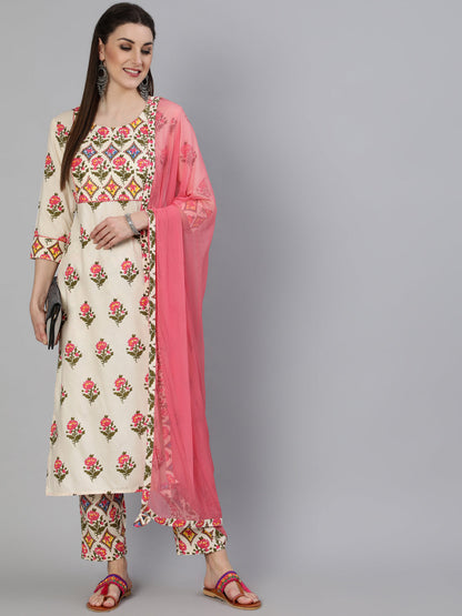 Printed Round Neck Calf Length 3/4 Sleeve Rayon Straight Kurta, Pant & Chiffon Dupatta Set