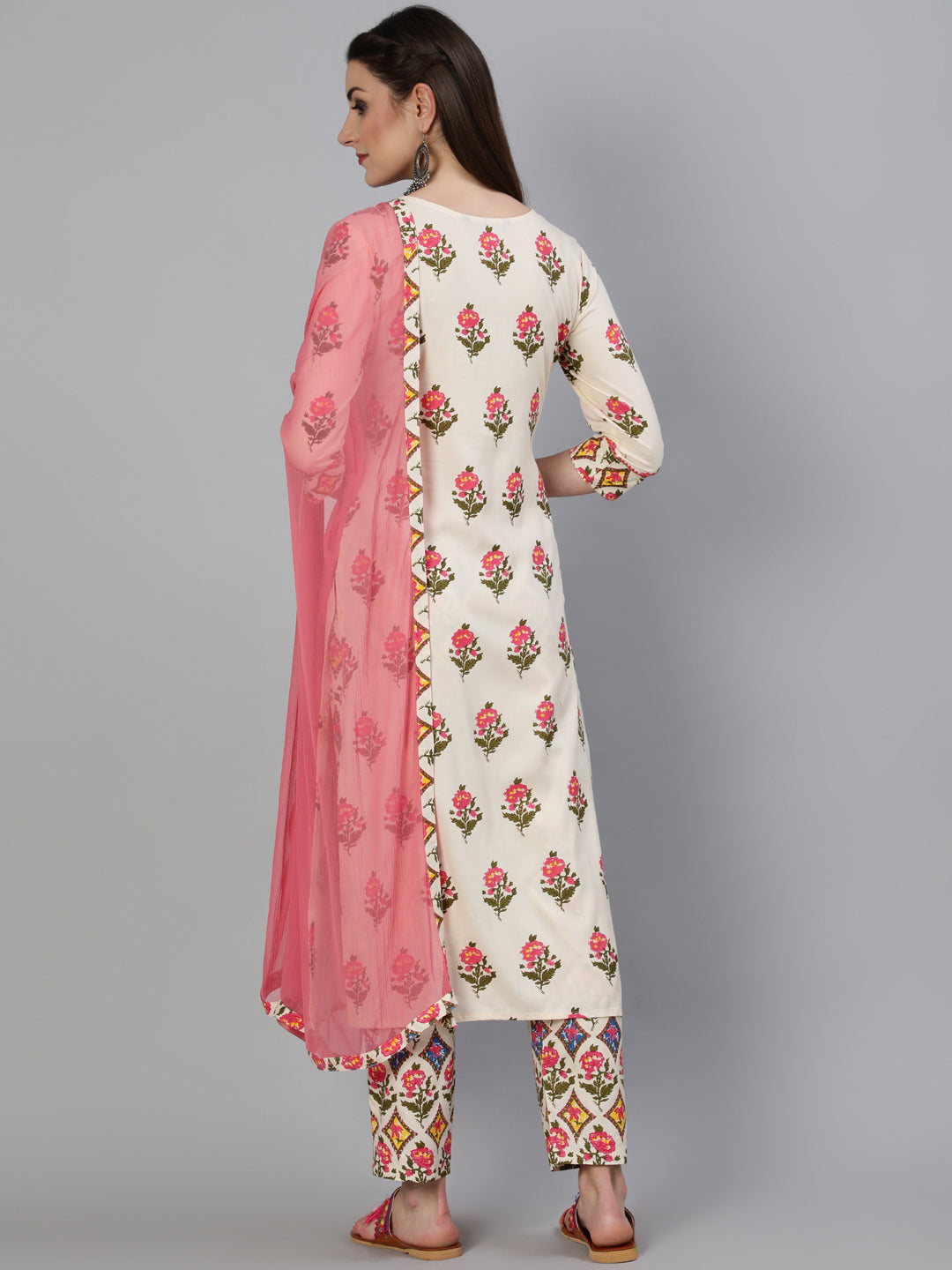 Printed Round Neck Calf Length 3/4 Sleeve Rayon Straight Kurta, Pant & Chiffon Dupatta Set