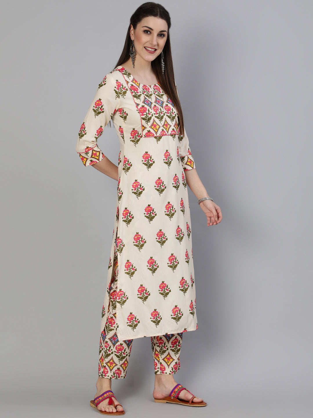 Printed Round Neck Calf Length 3/4 Sleeve Rayon Straight Kurta, Pant & Chiffon Dupatta Set