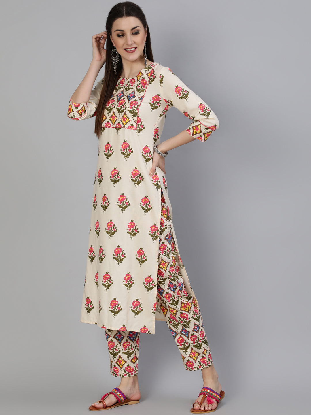 Printed Round Neck Calf Length 3/4 Sleeve Rayon Straight Kurta, Pant & Chiffon Dupatta Set