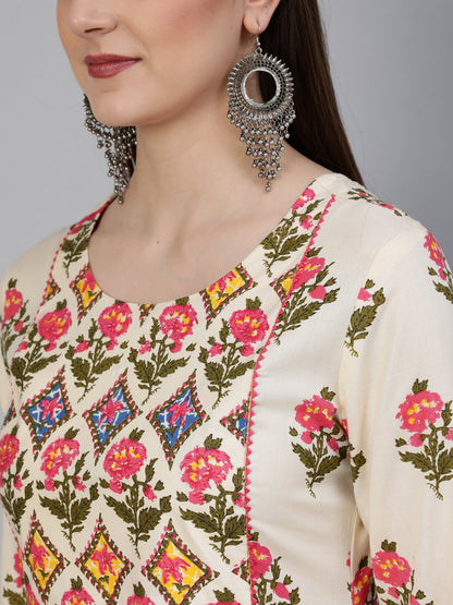 Printed Round Neck Calf Length 3/4 Sleeve Rayon Straight Kurta, Pant & Chiffon Dupatta Set