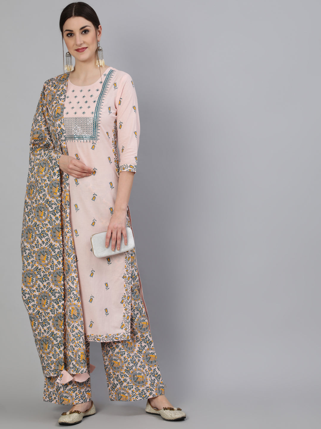 Printed Round Neck Calf Length 3/4 Sleeve Rayon Straight Kurta, Palazzo & Malmal Dupatta Set