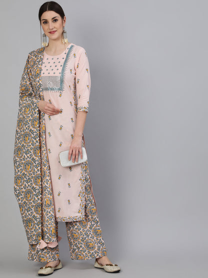 Printed Round Neck Calf Length 3/4 Sleeve Rayon Straight Kurta, Palazzo & Malmal Dupatta Set