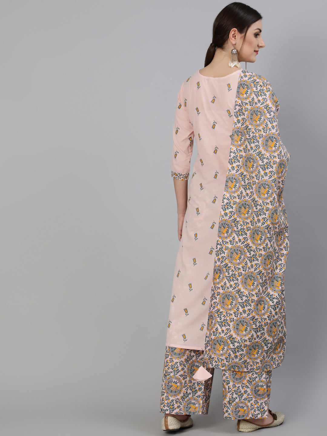 Printed Round Neck Calf Length 3/4 Sleeve Rayon Straight Kurta, Palazzo & Malmal Dupatta Set