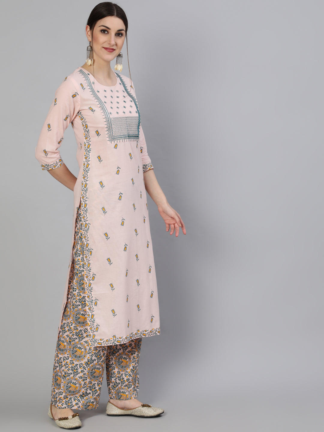 Printed Round Neck Calf Length 3/4 Sleeve Rayon Straight Kurta, Palazzo & Malmal Dupatta Set