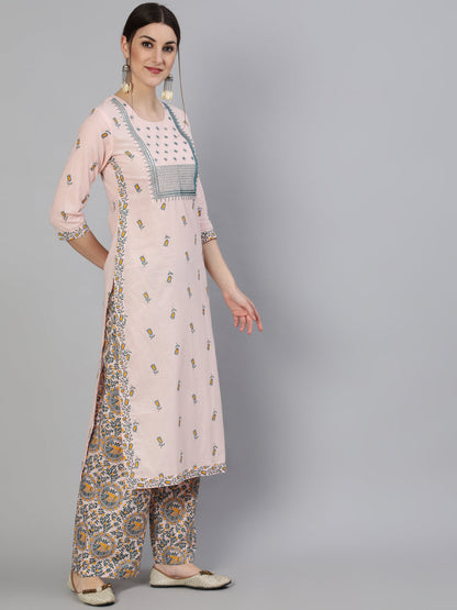 Printed Round Neck Calf Length 3/4 Sleeve Rayon Straight Kurta, Palazzo & Malmal Dupatta Set