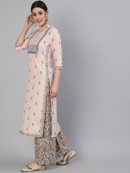 Printed Round Neck Calf Length 3/4 Sleeve Rayon Straight Kurta, Palazzo & Malmal Dupatta Set