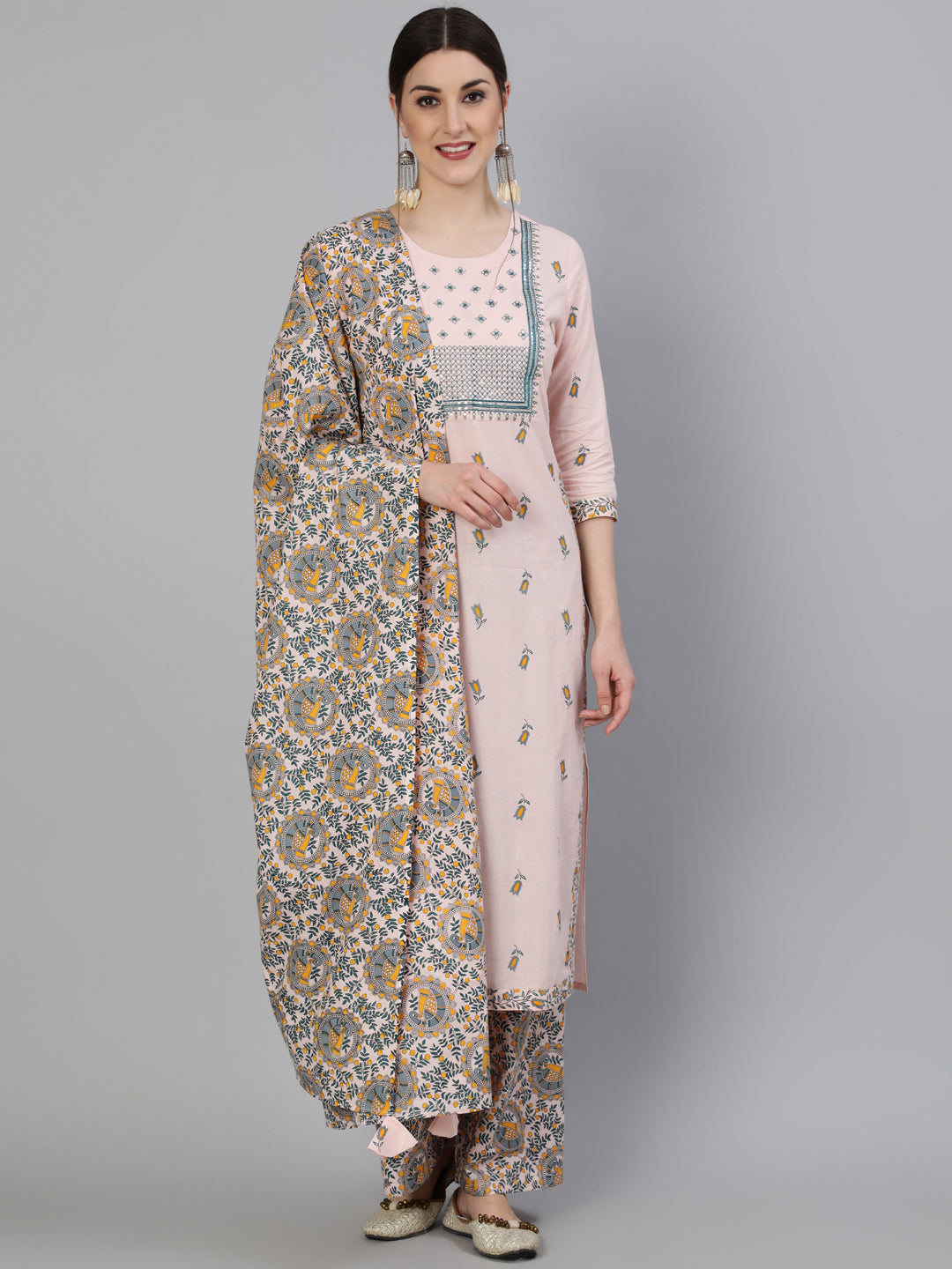 Printed Round Neck Calf Length 3/4 Sleeve Rayon Straight Kurta, Palazzo & Malmal Dupatta Set