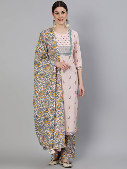 Printed Round Neck Calf Length 3/4 Sleeve Rayon Straight Kurta, Palazzo & Malmal Dupatta Set