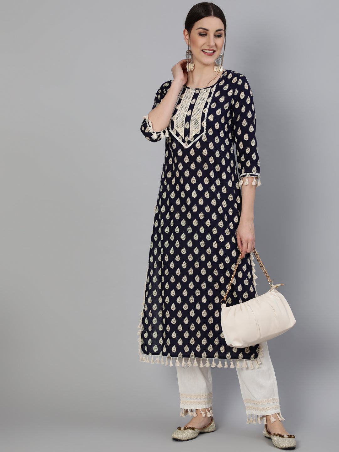 Printed Round Neck Calf Length 3/4 Sleeve Cotton Straight Kurta & Pant Set