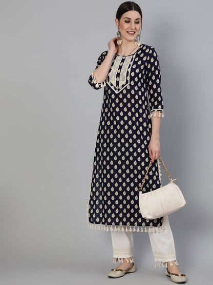 Printed Round Neck Calf Length 3/4 Sleeve Cotton Straight Kurta & Pant Set