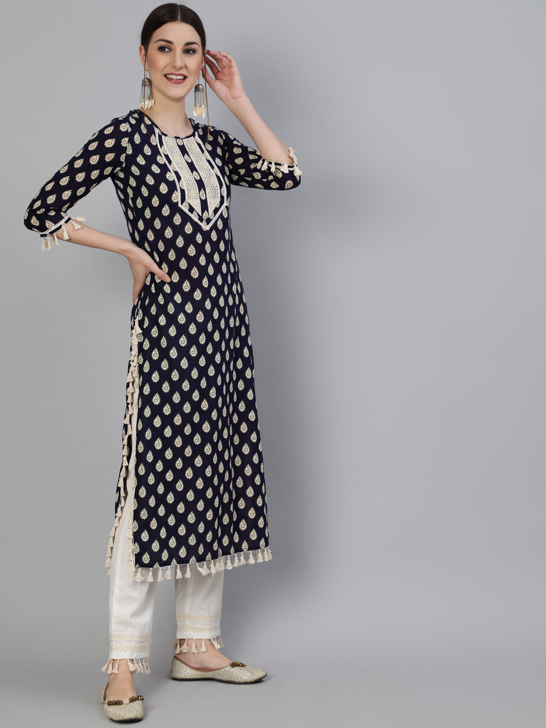Printed Round Neck Calf Length 3/4 Sleeve Cotton Straight Kurta & Pant Set