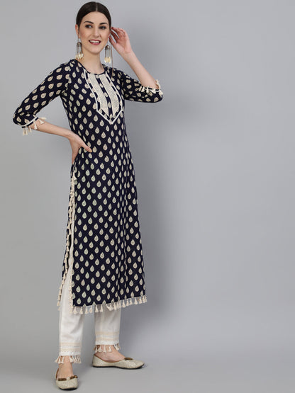 Printed Round Neck Calf Length 3/4 Sleeve Cotton Straight Kurta & Pant Set
