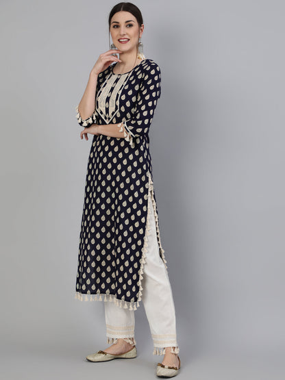 Printed Round Neck Calf Length 3/4 Sleeve Cotton Straight Kurta & Pant Set