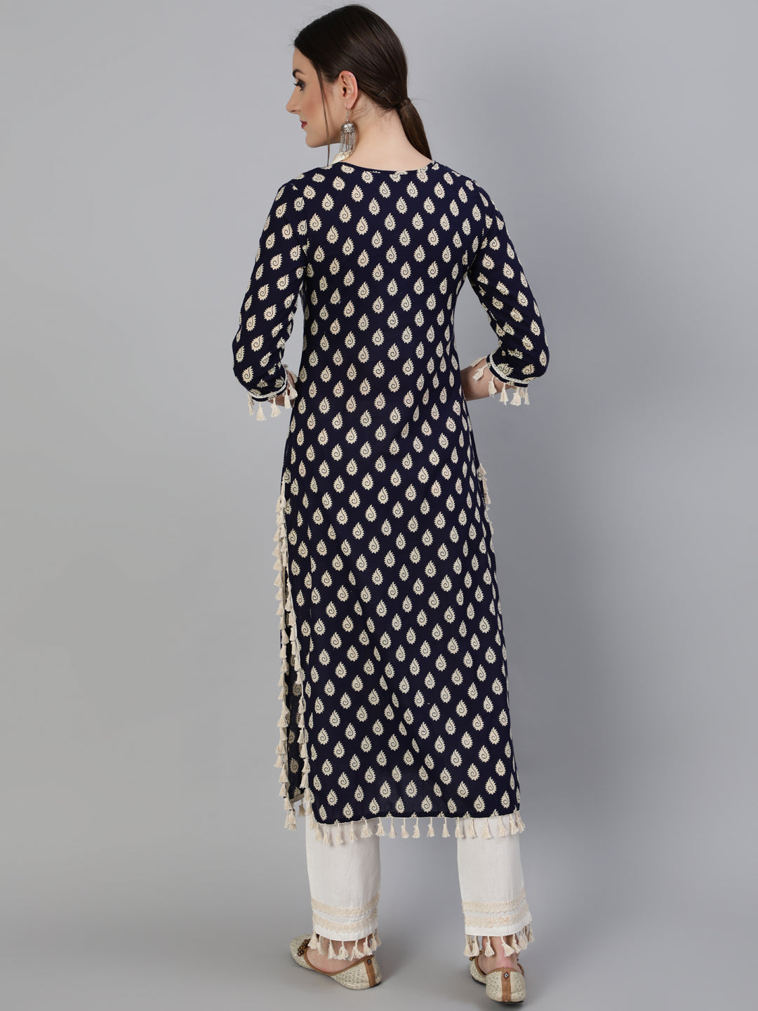 Printed Round Neck Calf Length 3/4 Sleeve Cotton Straight Kurta & Pant Set