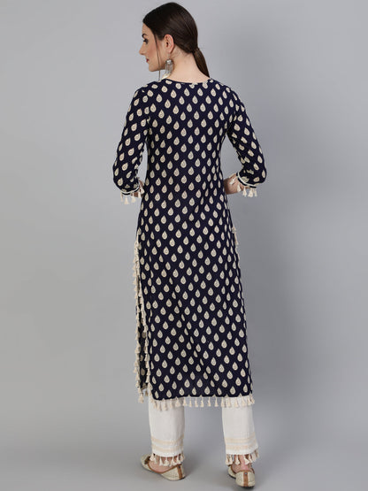 Printed Round Neck Calf Length 3/4 Sleeve Cotton Straight Kurta & Pant Set