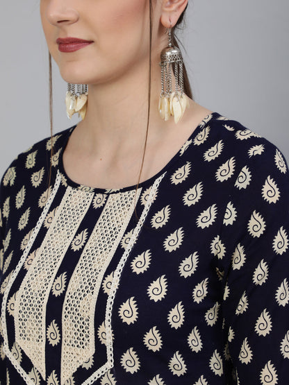 Printed Round Neck Calf Length 3/4 Sleeve Cotton Straight Kurta & Pant Set