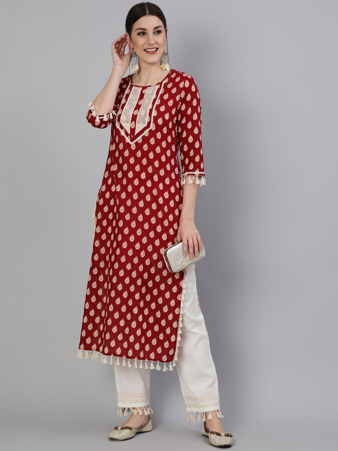 Printed Round Neck Calf Length 3/4 Sleeve Cotton Straight Kurta & Pant Set