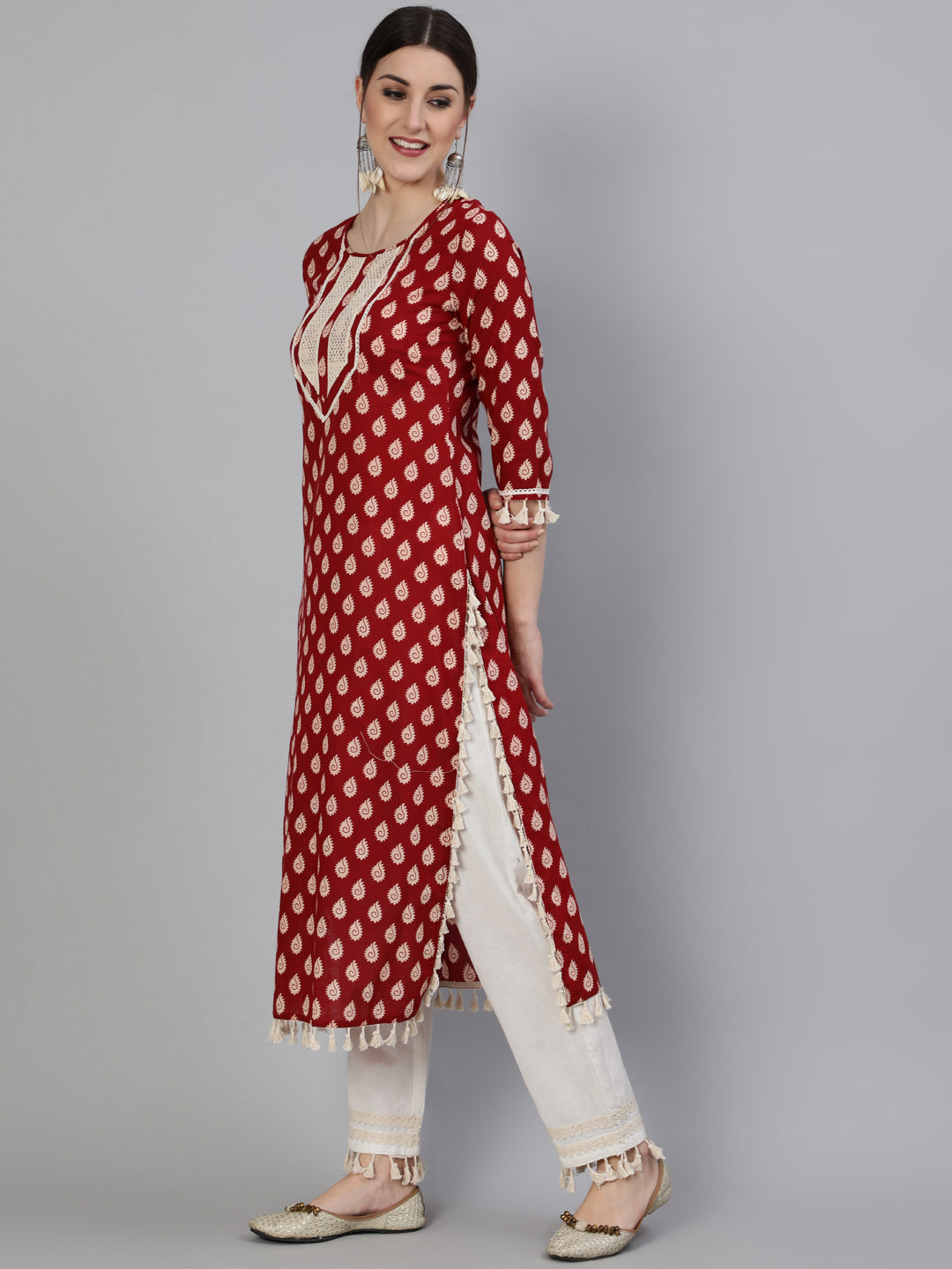 Printed Round Neck Calf Length 3/4 Sleeve Cotton Straight Kurta & Pant Set