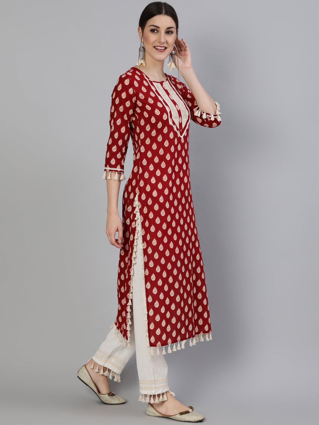 Printed Round Neck Calf Length 3/4 Sleeve Cotton Straight Kurta &amp; Pant Set