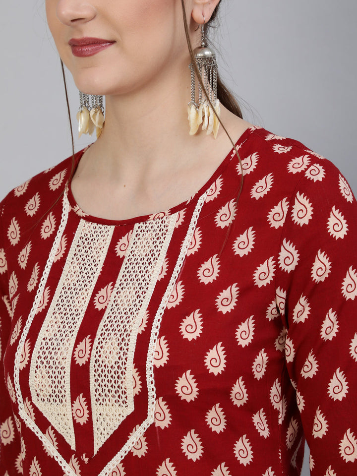 Printed Round Neck Calf Length 3/4 Sleeve Cotton Straight Kurta &amp; Pant Set