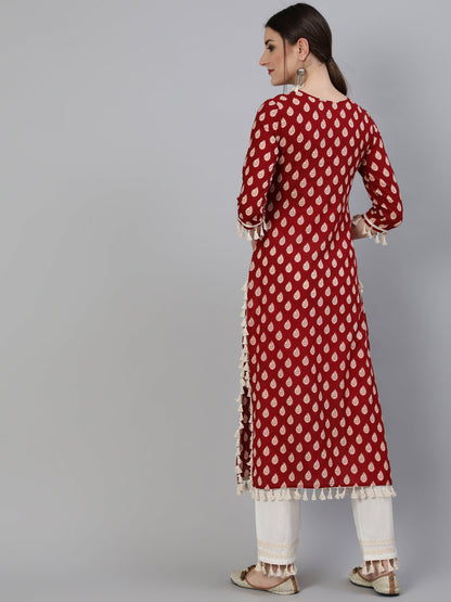 Printed Round Neck Calf Length 3/4 Sleeve Cotton Straight Kurta & Pant Set