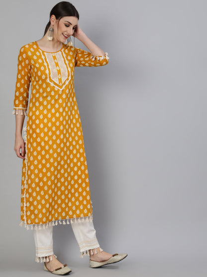 Printed Round Neck Calf Length 3/4 Sleeve Cotton Straight Kurta & Pant Set