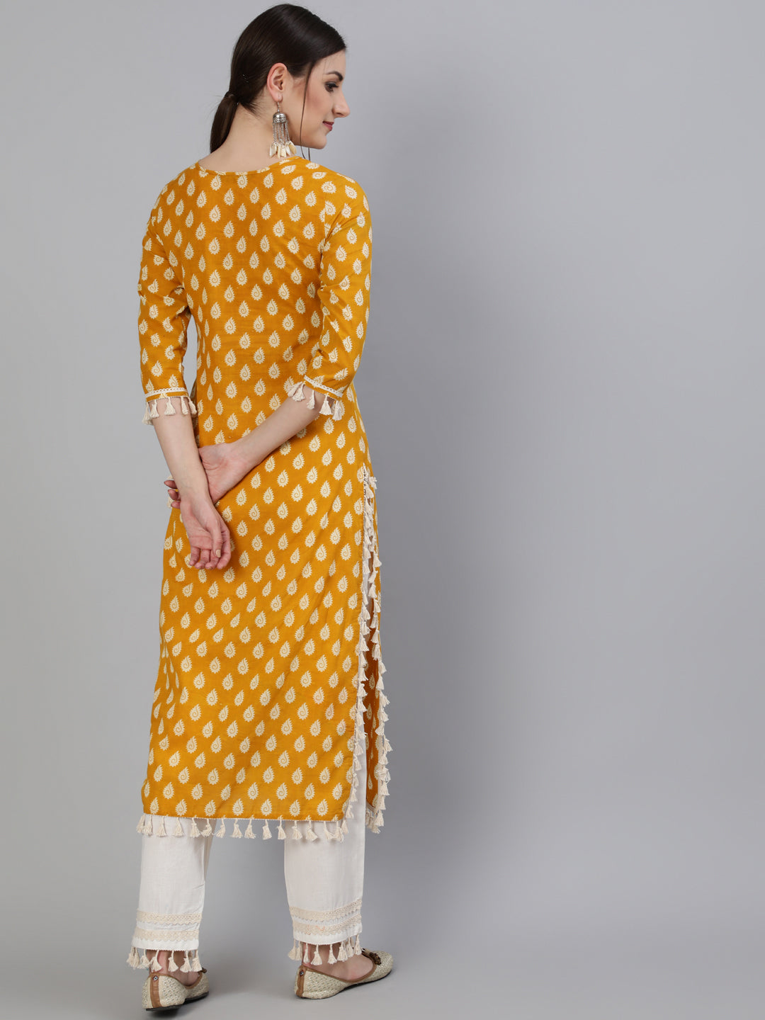 Printed Round Neck Calf Length 3/4 Sleeve Cotton Straight Kurta & Pant Set