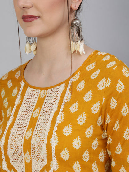 Printed Round Neck Calf Length 3/4 Sleeve Cotton Straight Kurta & Pant Set