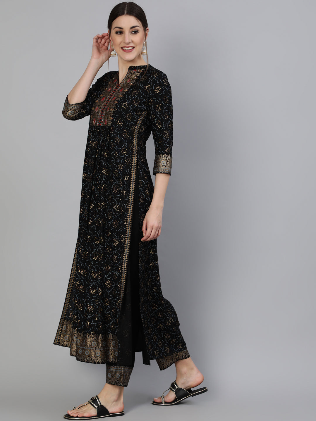 Foil Printed Mandarian Calf Length 3/4 Sleeve Rayon A-Line Kurta & Pant Set