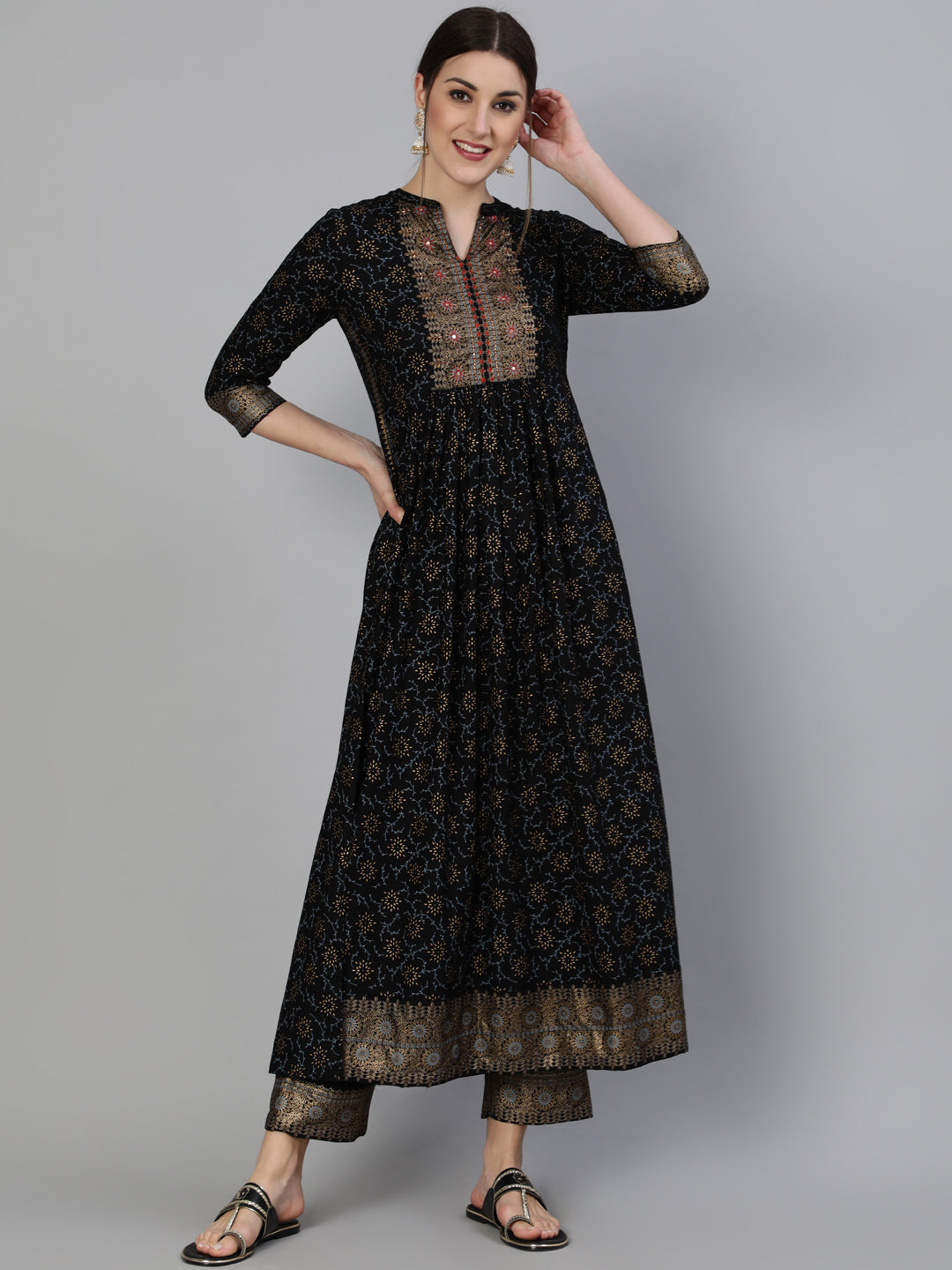 Foil Printed Mandarian Calf Length 3/4 Sleeve Rayon A-Line Kurta & Pant Set