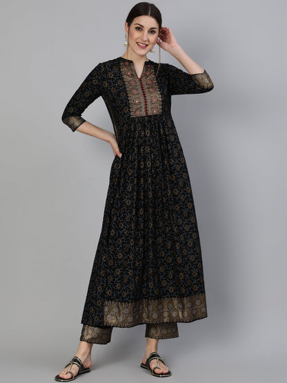 Foil Printed Mandarian Calf Length 3/4 Sleeve Rayon A-Line Kurta & Pant Set