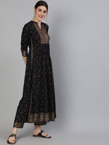 Foil Printed Mandarian Calf Length 3/4 Sleeve Rayon A-Line Kurta & Pant Set