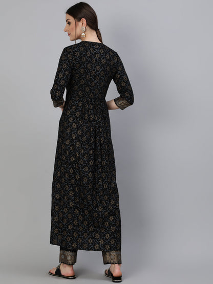 Foil Printed Mandarian Calf Length 3/4 Sleeve Rayon A-Line Kurta & Pant Set