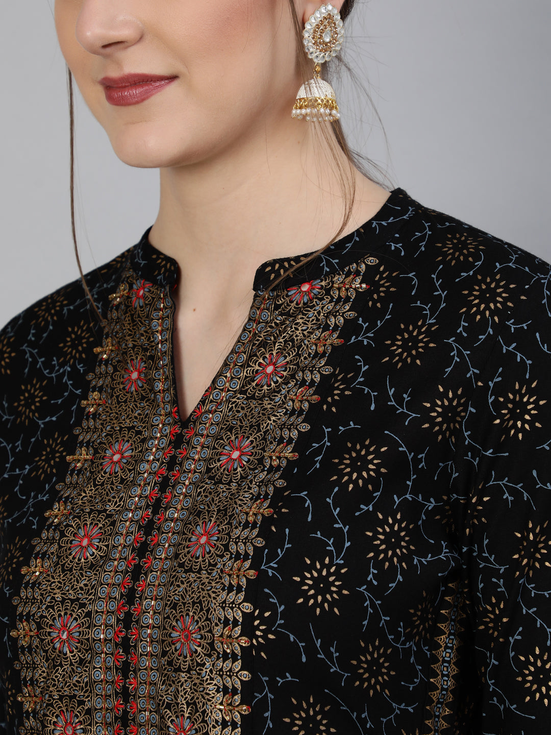 Foil Printed Mandarian Calf Length 3/4 Sleeve Rayon A-Line Kurta & Pant Set