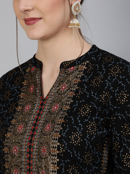 Foil Printed Mandarian Calf Length 3/4 Sleeve Rayon A-Line Kurta & Pant Set