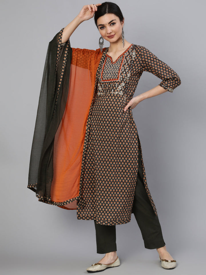 Cotton Calf Length Embroidered Straight 3/4 Sleeve Round Neck Kurta Set With Dupatta