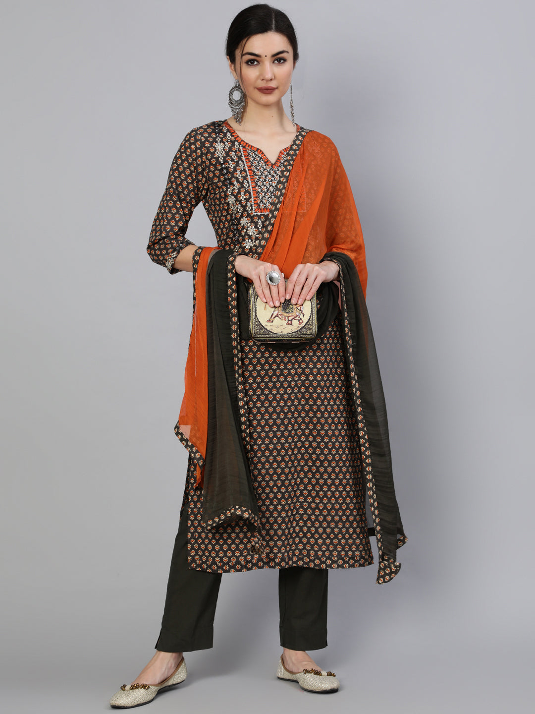 Cotton Calf Length Embroidered Straight 3/4 Sleeve Round Neck Kurta Set With Dupatta